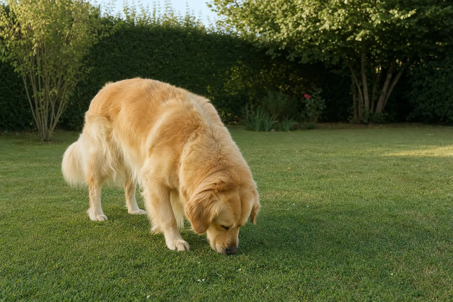 Golden retriever truffe au sol dans une pelouse de jardin, museau baissé vers l’herbe rase