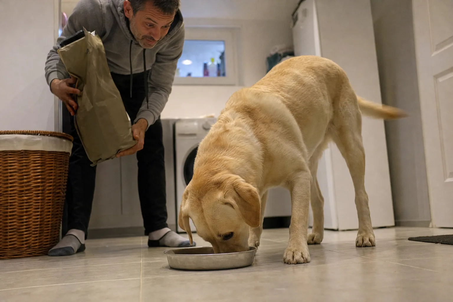 Dans la buanderie d’un pavillon, un labrador sable lèche le fond d’une gamelle en inox déjà vide pendant que son maître, penché avec le sac de croquettes à la main, la regarde avec étonnement