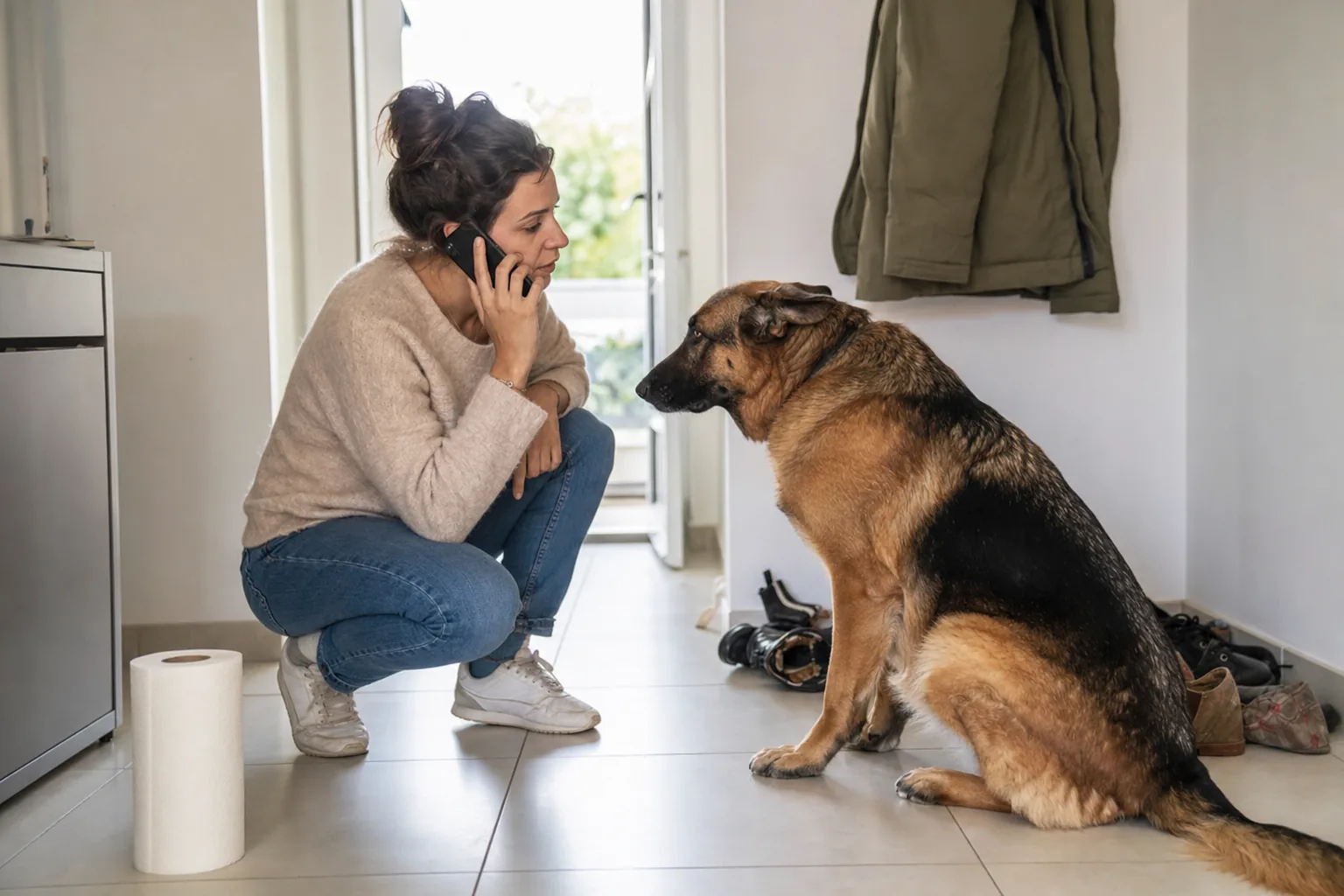 Dans l’entrée carrelée d’un appartement, une femme accroupie près d’un rouleau d’essuie-tout téléphone en regardant son berger allemand assis calmement devant elle