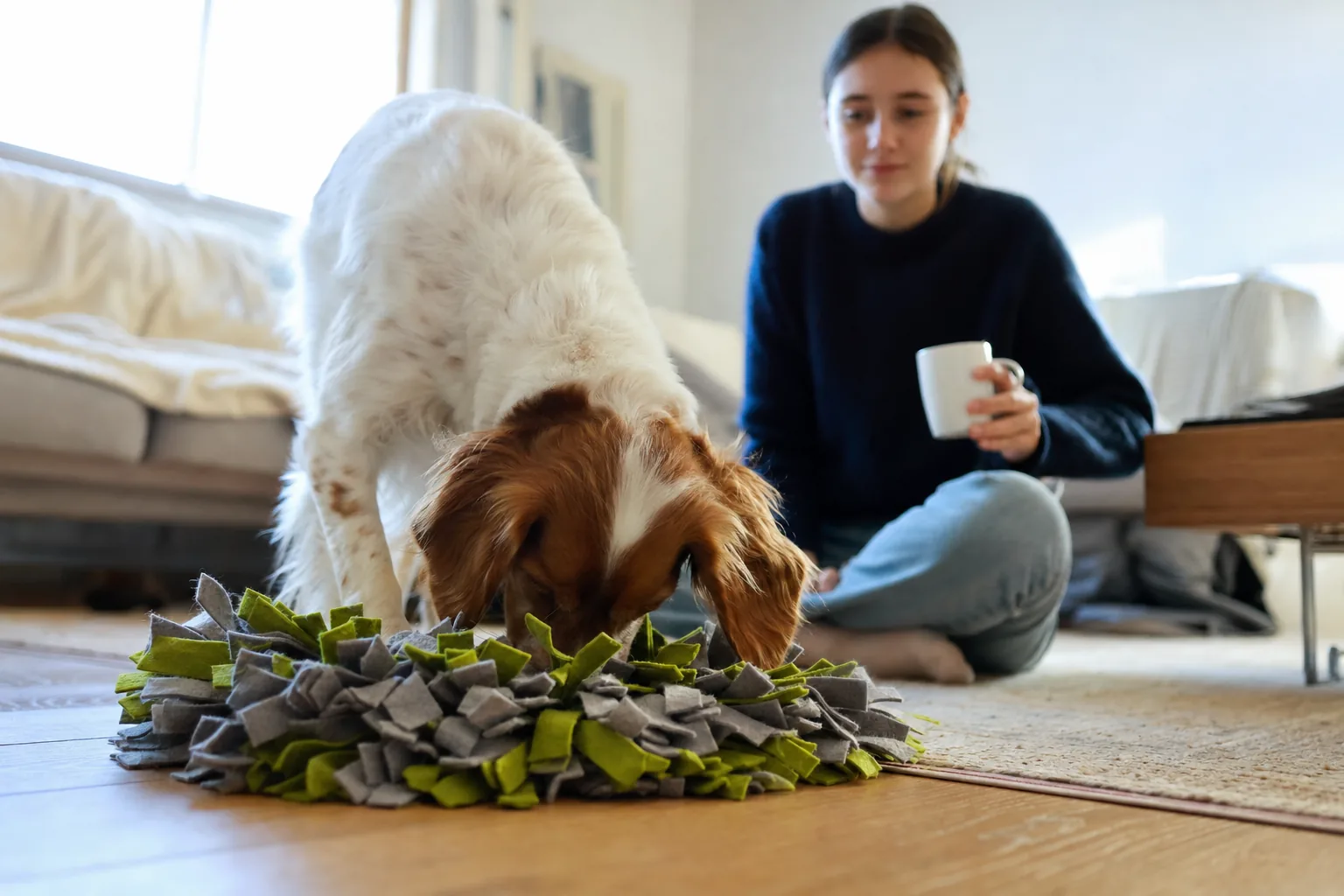 Dans un salon, un épagneul breton blanc et orange fouille du museau un tapis de fouille en feutre gris et vert posé sur le parquet, sous le regard d’une adolescente assise en tailleur, une tasse à la main