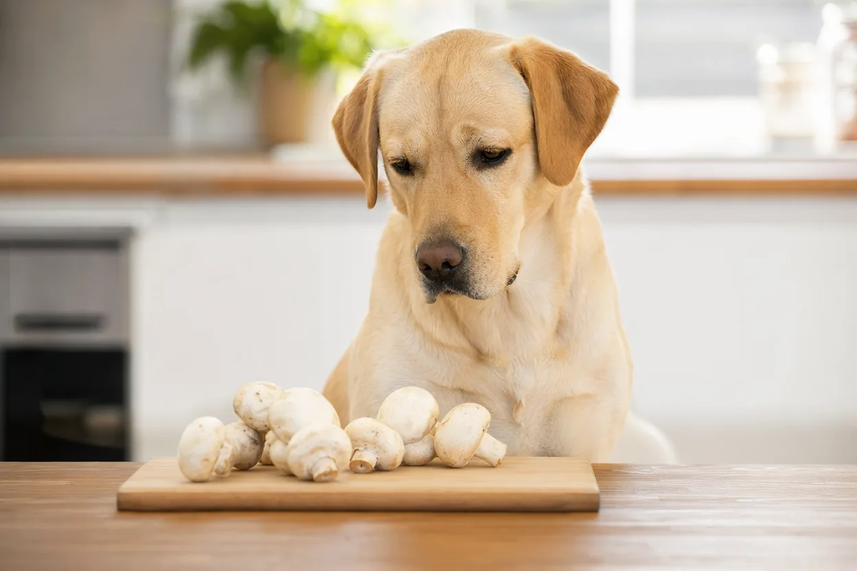 Labrador sable attentif dans une cuisine devant des champignons de Paris frais sur une planche en bois