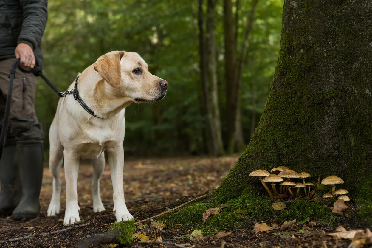 Labrador en laisse tenu à distance de champignons sauvages au pied d'un arbre dans un sous-bois