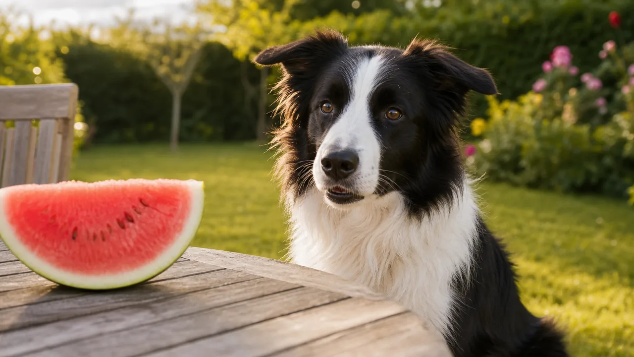 Border collie assis dans un jardin près d'une tranche de pastèque rouge