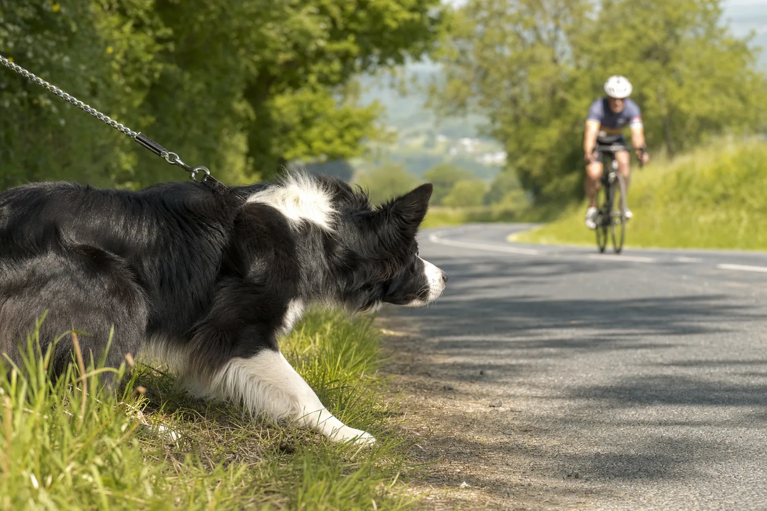 Border collie en laisse, corps bas et regard verrouillé sur un cycliste qui remonte une route de campagne