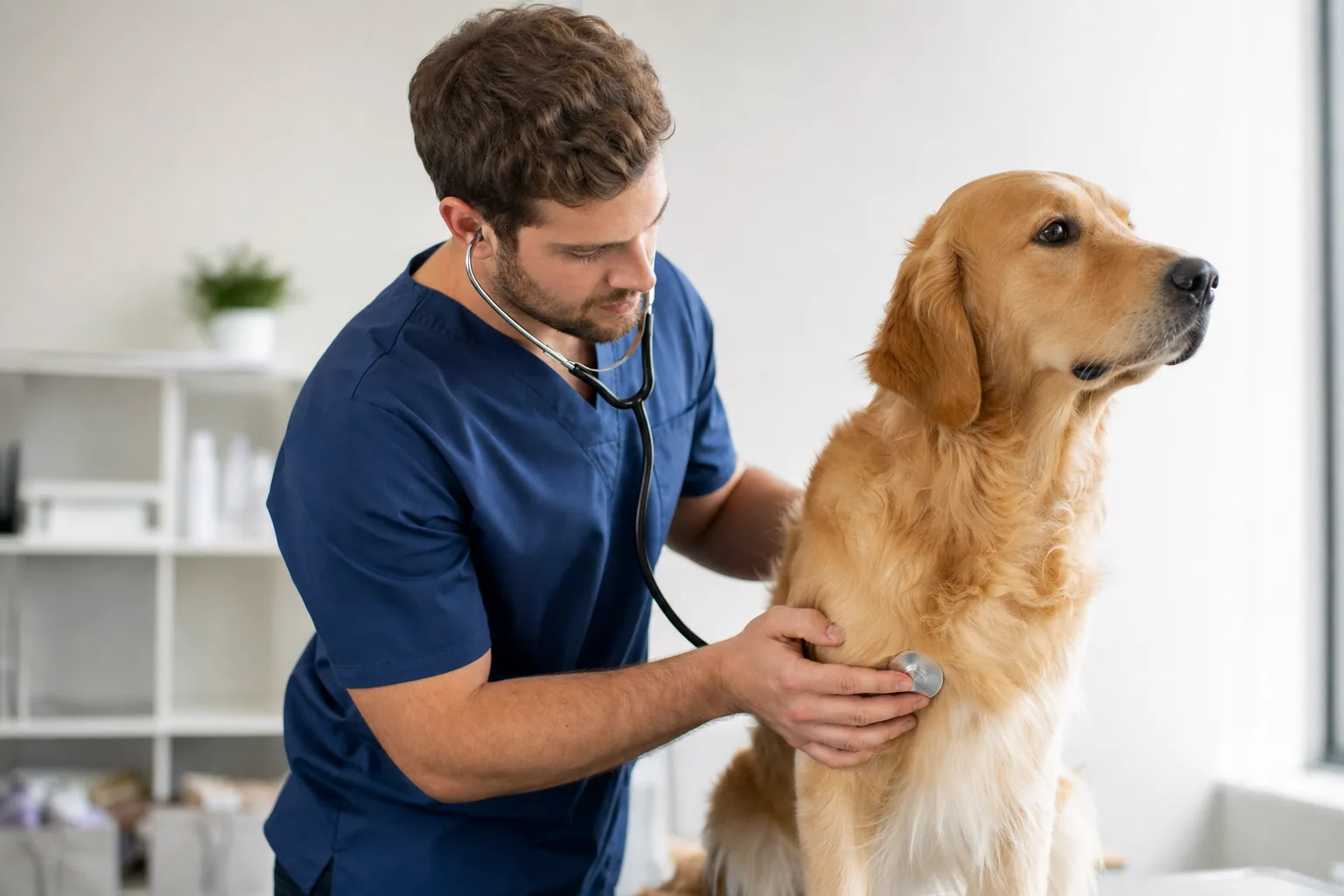 Vétérinaire auscultant le thorax d'un chien au stéthoscope
