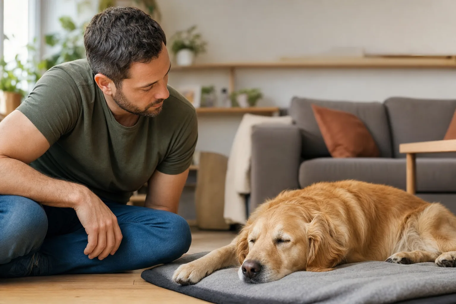 Maître observant la respiration de son chien au repos