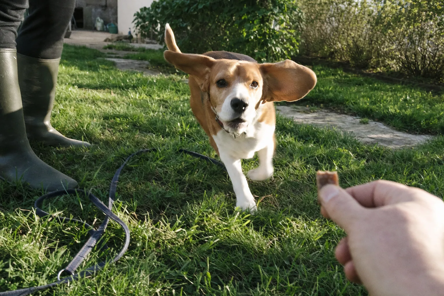 Beagle qui accourt vers une main tendant une friandise dans un pré