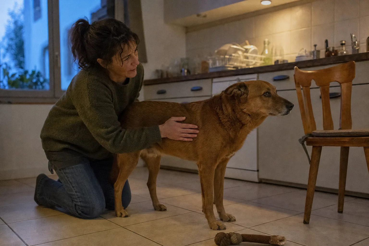 Dans une cuisine le soir, une femme agenouillée sur le carrelage pose la main à plat sur le côté du dos d’un chien croisé roux, derrière les côtes