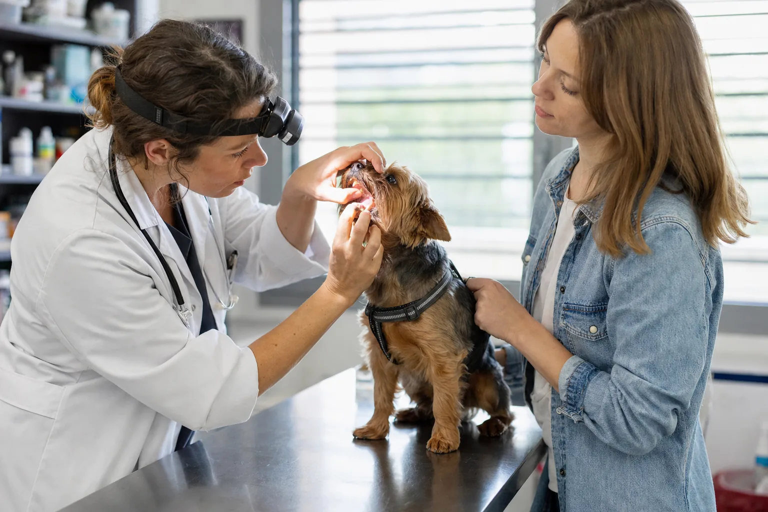 Dans un cabinet vétérinaire, une vétérinaire à lampe frontale examine la gueule d’un yorkshire terrier que sa maîtresse tient par le harnais