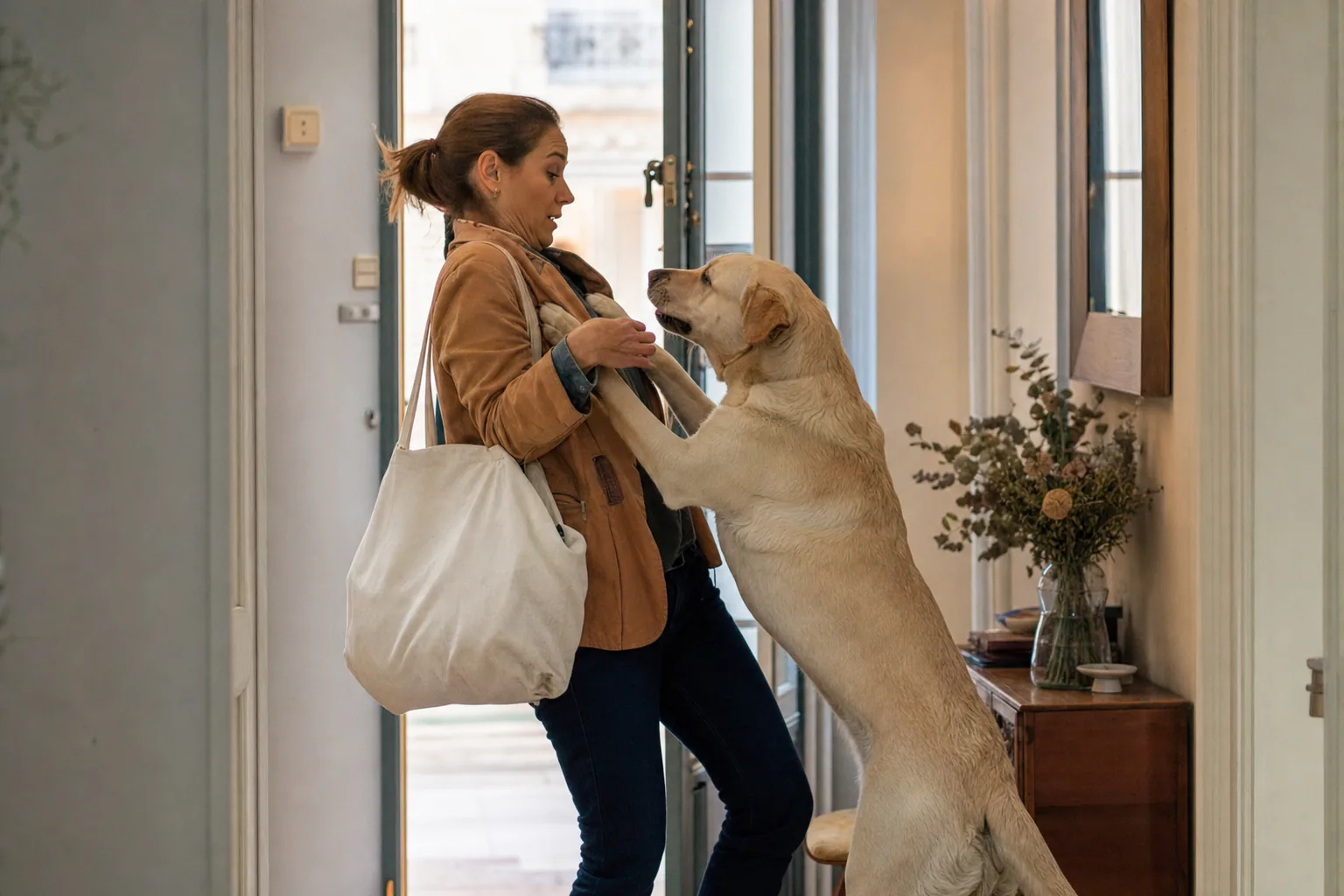 Labrador beige dresse sur ses pattes arriere, pattes avant sur les bras d’une femme qui rentre chez elle, tote bag a l’epaule