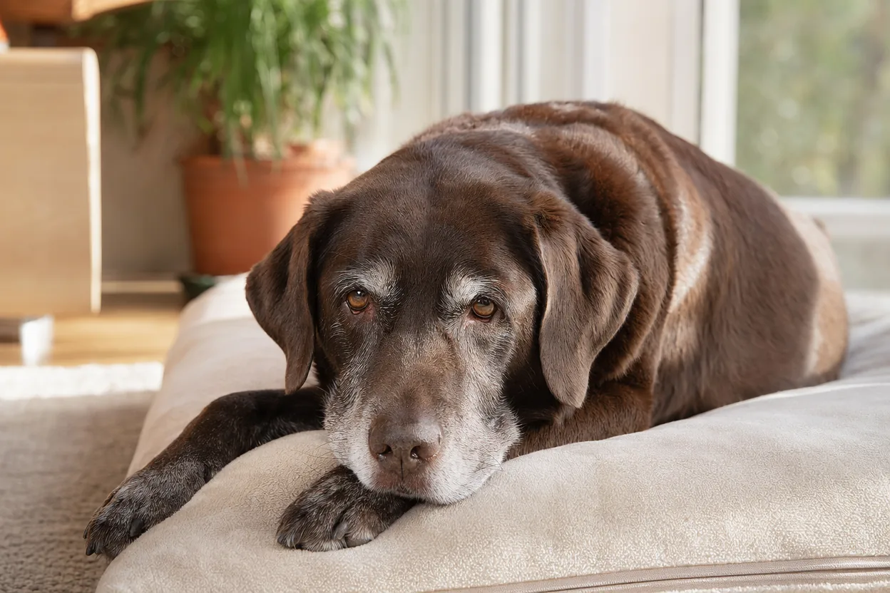 Labrador senior au museau grisonnant allongé paisiblement sur un couchage épais dans un salon