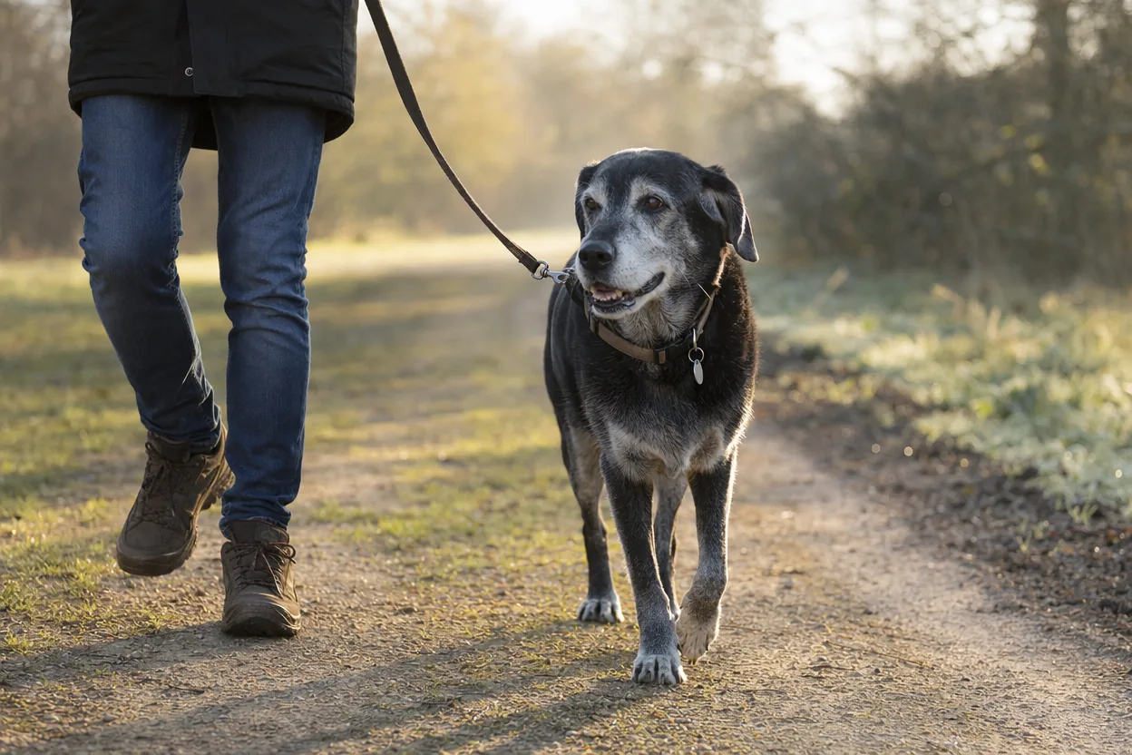 Chien senior au museau grisonnant en promenade tranquille à côté de son maître le matin