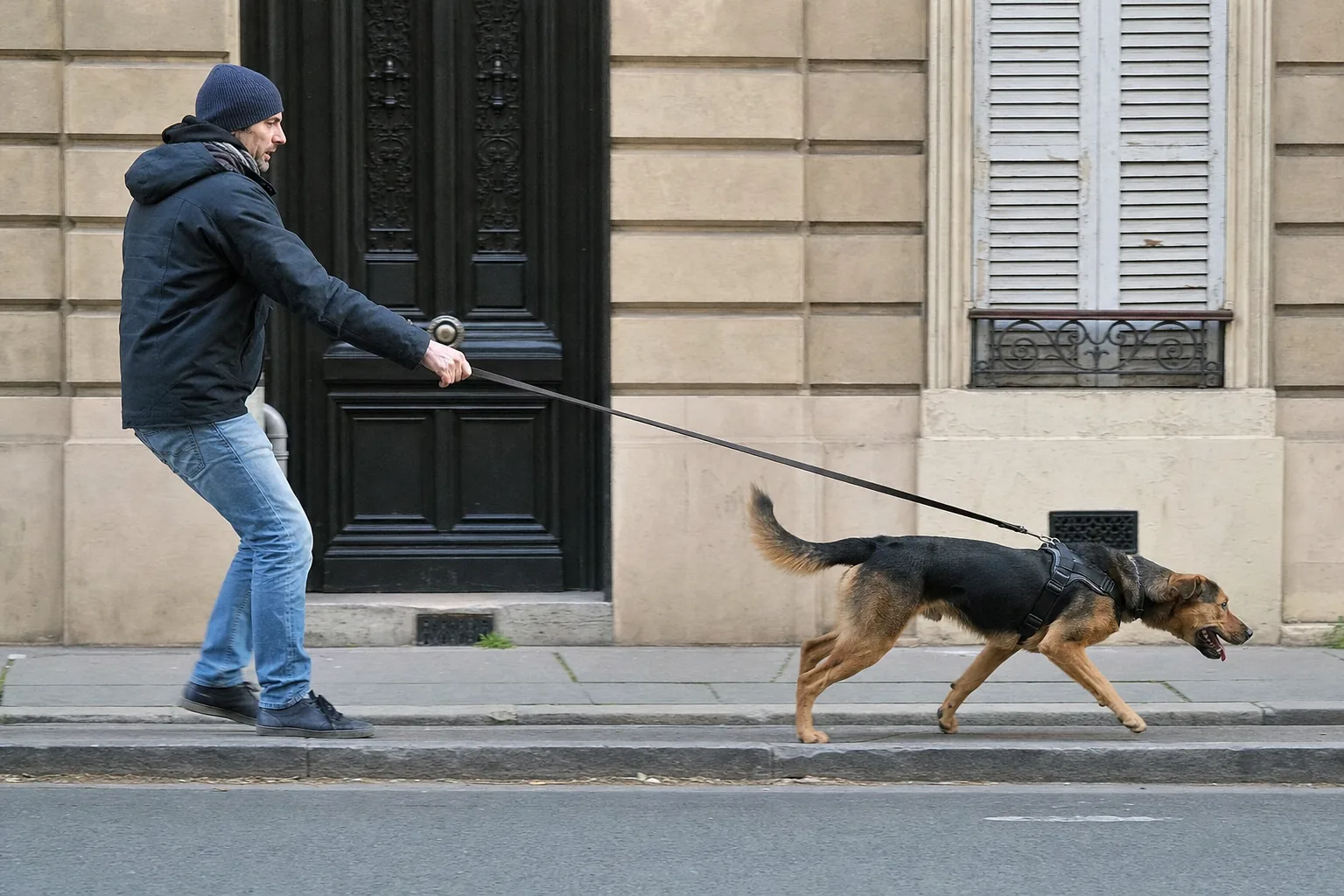 Chien croisé berger tirant fort sur sa laisse tendue le long d’un trottoir, son maître retenu en arrière