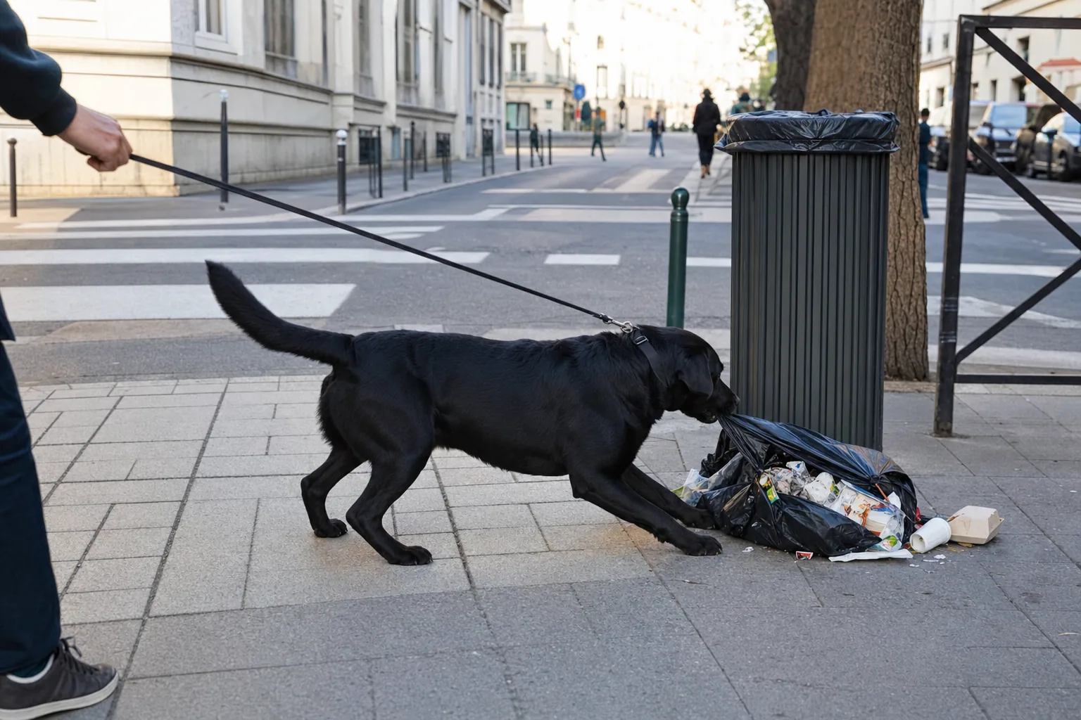 Labrador noir tirant sur sa laisse vers un sac-poubelle éventré au pied d’une corbeille de rue