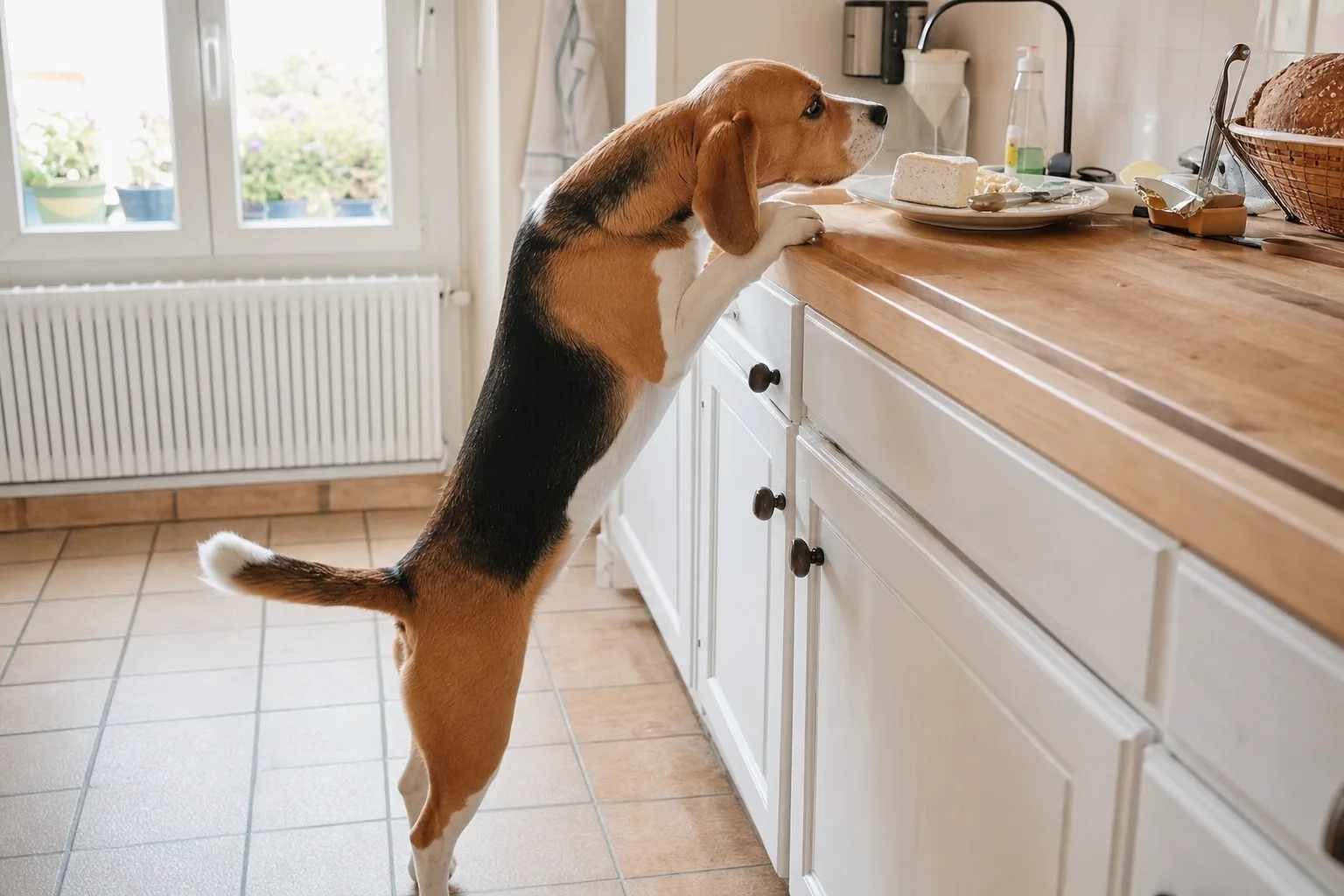 Beagle debout les pattes avant sur un plan de travail de cuisine, museau tendu vers une assiette de fromage