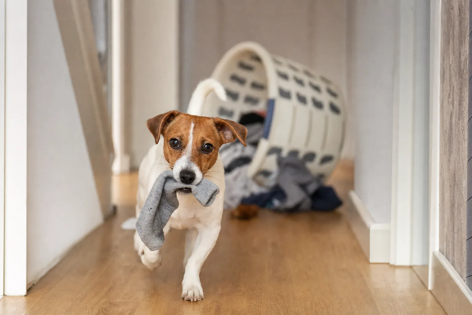 Jeune jack russell tenant une chaussette dans la gueule au milieu d’un couloir, prêt à détaler
