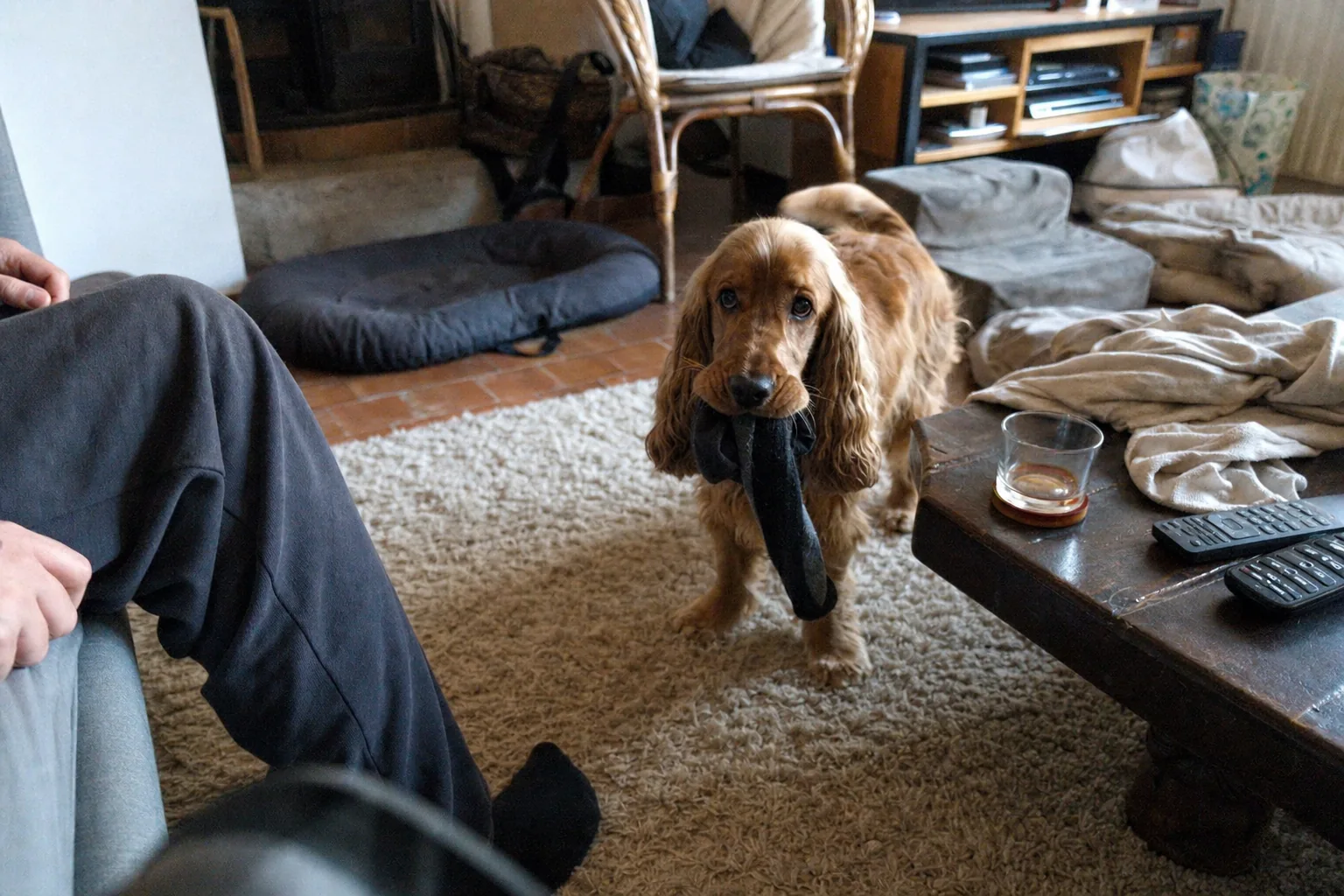 Cocker anglais tenant une chaussette dans la gueule au milieu du tapis, jambes d’une personne assise sur le canapé