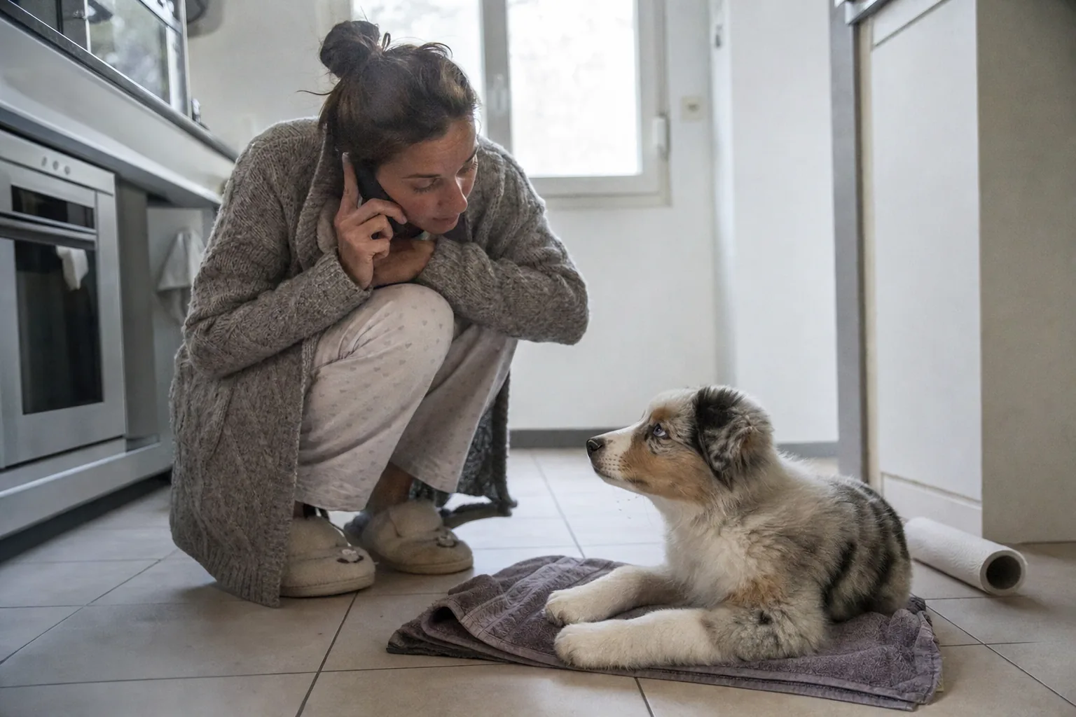 Tôt le matin, dans une cuisine d’appartement, une femme en gilet et pyjama, accroupie, téléphone à l’oreille, regarde un chiot berger australien bleu merle couché sur une serviette de bain pliée, près d’un rouleau d’essuie-tout posé au sol.