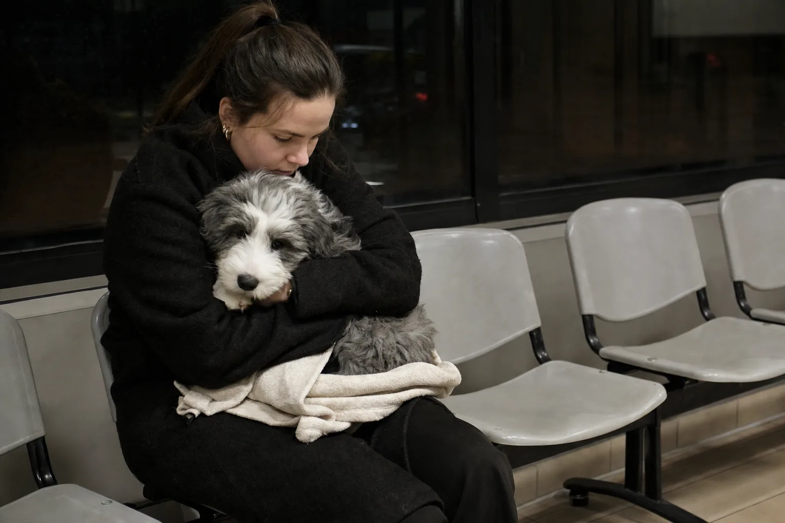 Le soir, dans la salle d’attente d’une clinique vétérinaire de garde, une jeune femme en manteau serre contre elle un chiot bobtail gris et blanc enveloppé dans un plaid, assise sur une rangée de chaises en plastique.