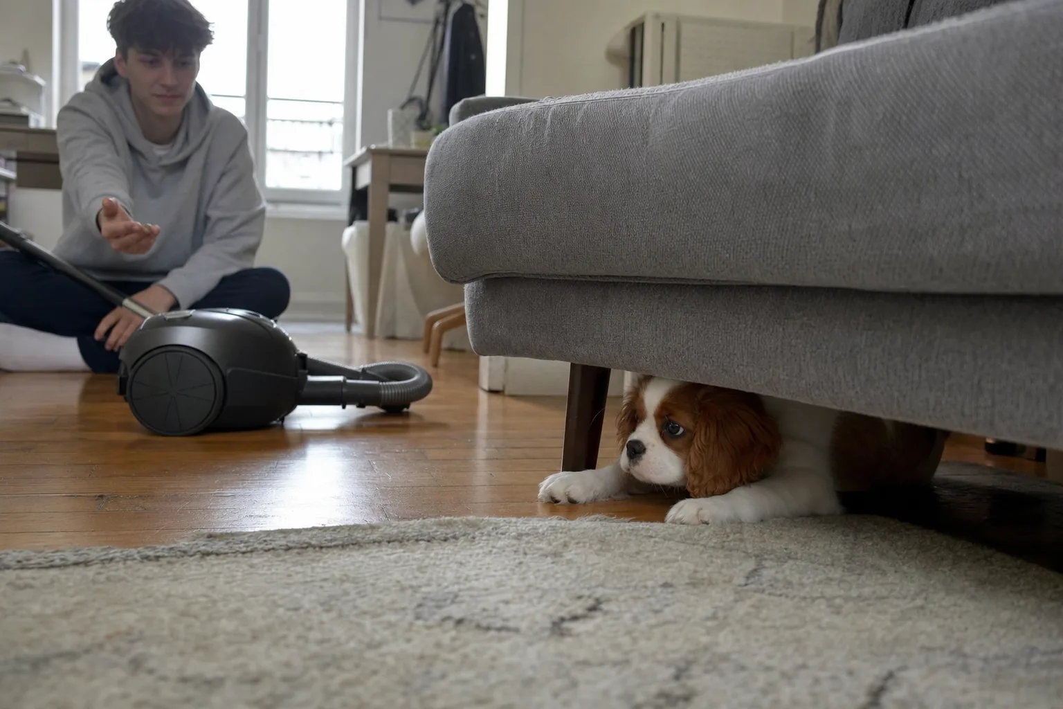 Dans un salon au parquet clair, un chiot cavalier king charles blenheim est tapi sous un canapé gris, seules la tête et les pattes avant dépassent ; il observe un aspirateur traîneau posé au sol, tandis qu’un jeune homme assis en tailleur, un peu plus loin, lui tend la main ouverte.