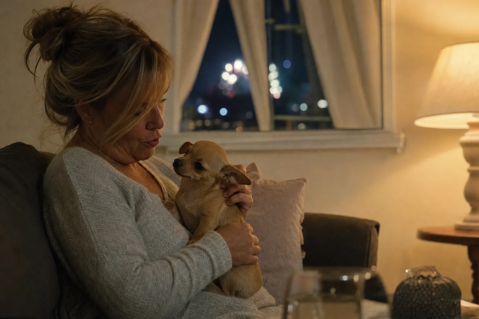 Le soir, dans un salon éclairé par une lampe, une femme assise sur un canapé serre contre elle un chiot chihuahua fauve et lui parle doucement, pendant que des lueurs de feux d’artifice brillent au loin derrière la fenêtre.