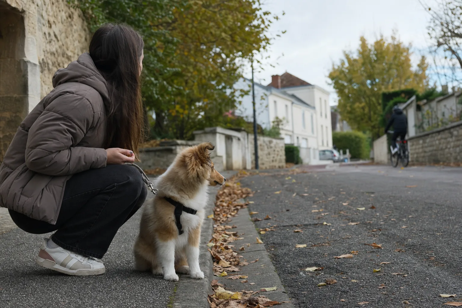 Dans une rue calme bordée de murets, un matin d’automne, une jeune femme en doudoune accroupie au bord du trottoir tient la laisse d’un chiot berger des Shetland en harnais, assis, qui regarde un cycliste passer au loin.