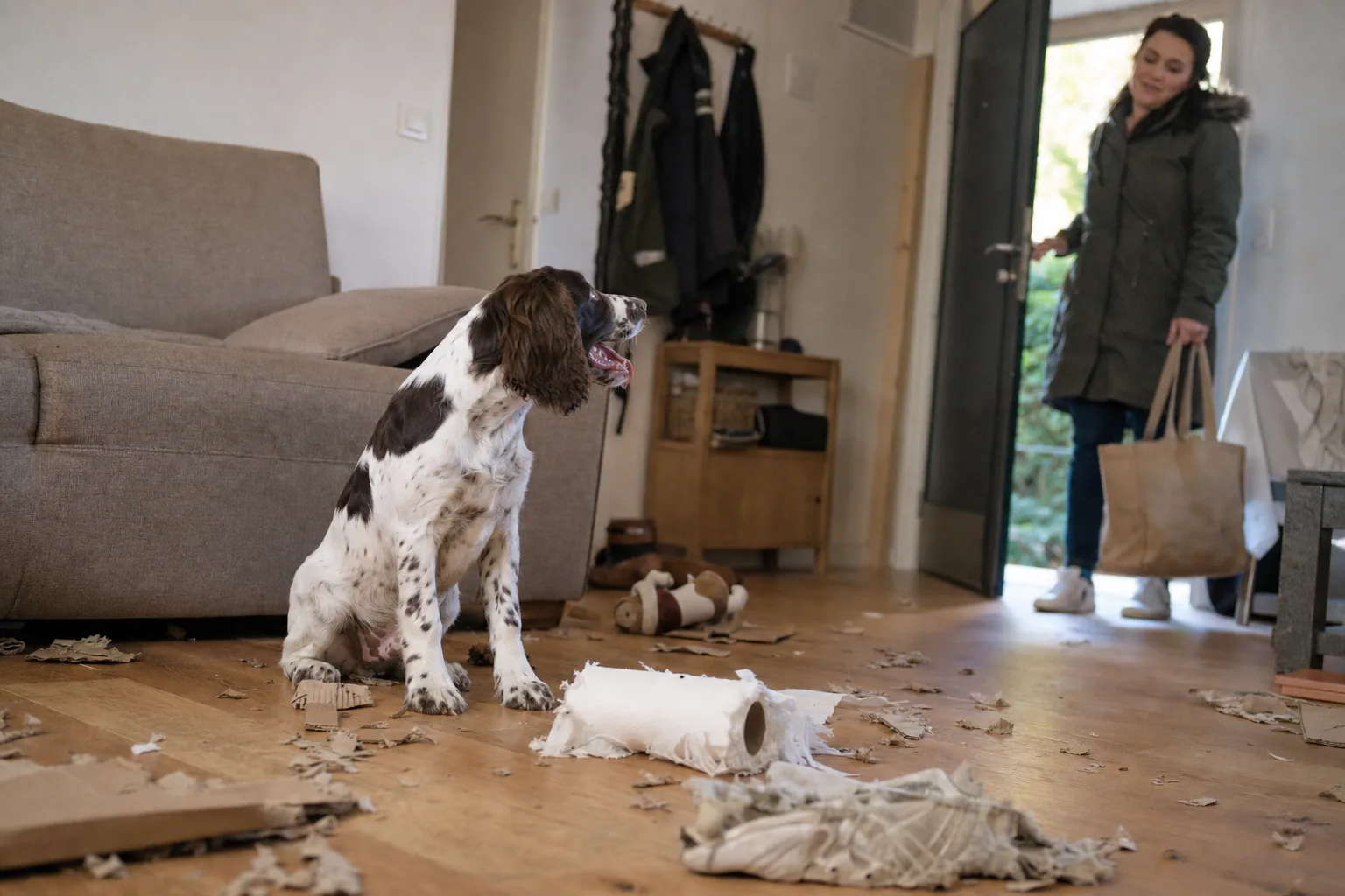 Dans le séjour d’une maison, un chiot springer anglais foie et blanc est assis près du canapé au milieu de cartons déchiquetés, d’un rouleau d’essuie-tout effiloché et d’une basket mâchonnée ; il se tourne vers la porte d’entrée où une femme en parka rentre, un sac de courses à la main, avec un sourire las.