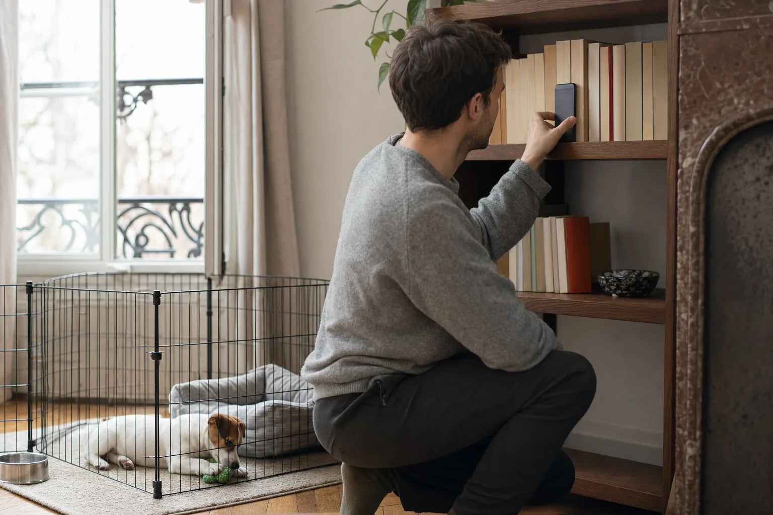 Dans le salon d’un appartement ancien, un homme en pull gris accroupi cale un téléphone entre des livres sur une étagère, tandis qu’un chiot jack russell blanc et fauve mâchonne un jouet vert, couché dans un parc grillagé près de la fenêtre.