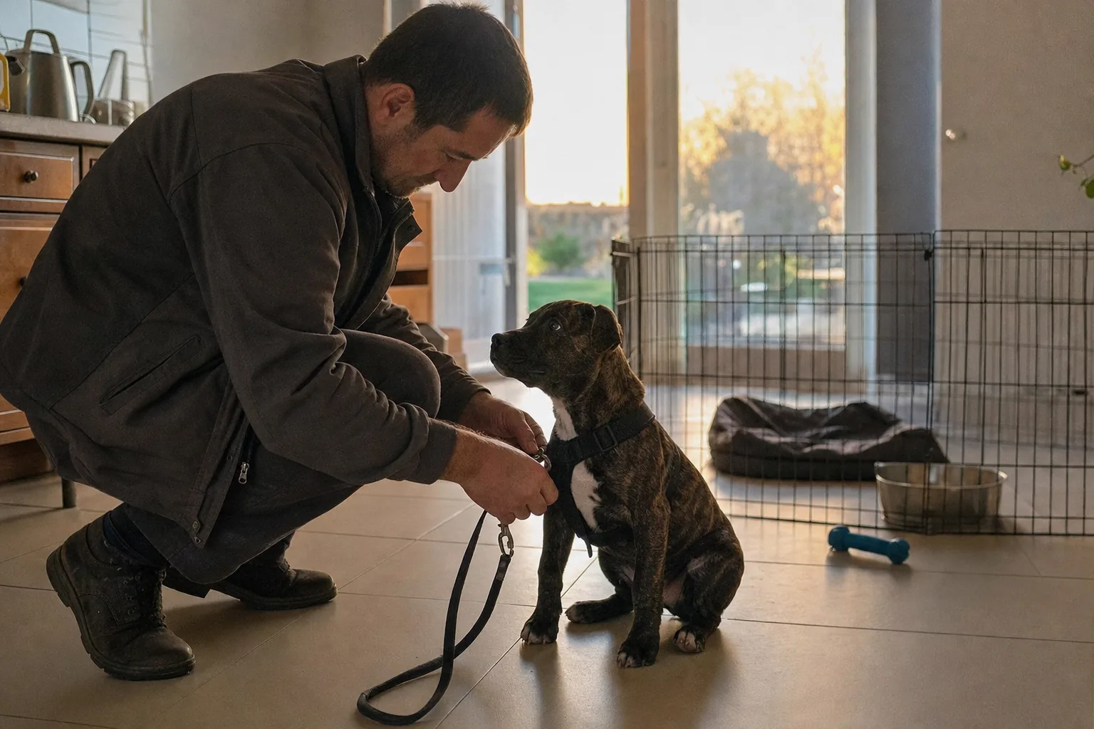 Dans la cuisine d’un pavillon, en fin de journée, un homme en veste de travail accroupi attache calmement la laisse au harnais d’un chiot staffordshire bull terrier bringé assis devant lui ; derrière eux, un parc ouvert avec un panier, une gamelle et un os à mâcher.