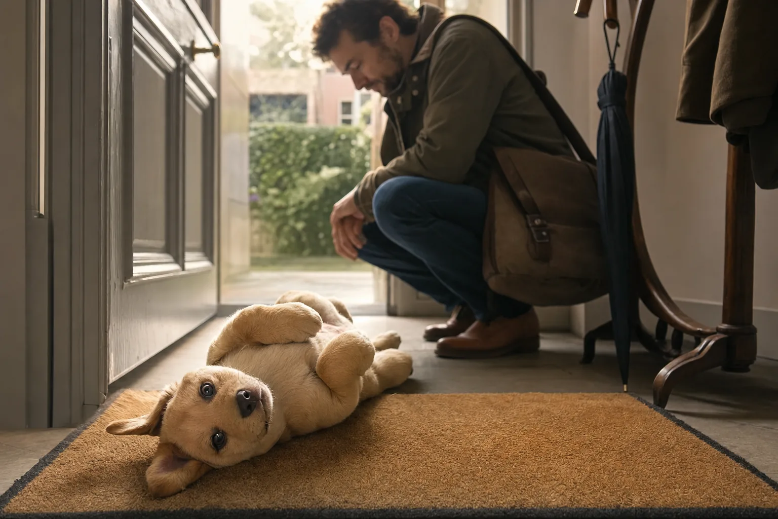 Dans l’entrée d’une maison, un chiot croisé beige couché sur le dos sur le paillasson montre son ventre, pendant que son maître, rentré du travail avec un sac en bandoulière, reste accroupi un peu plus loin, calme, le regard vers le sol.