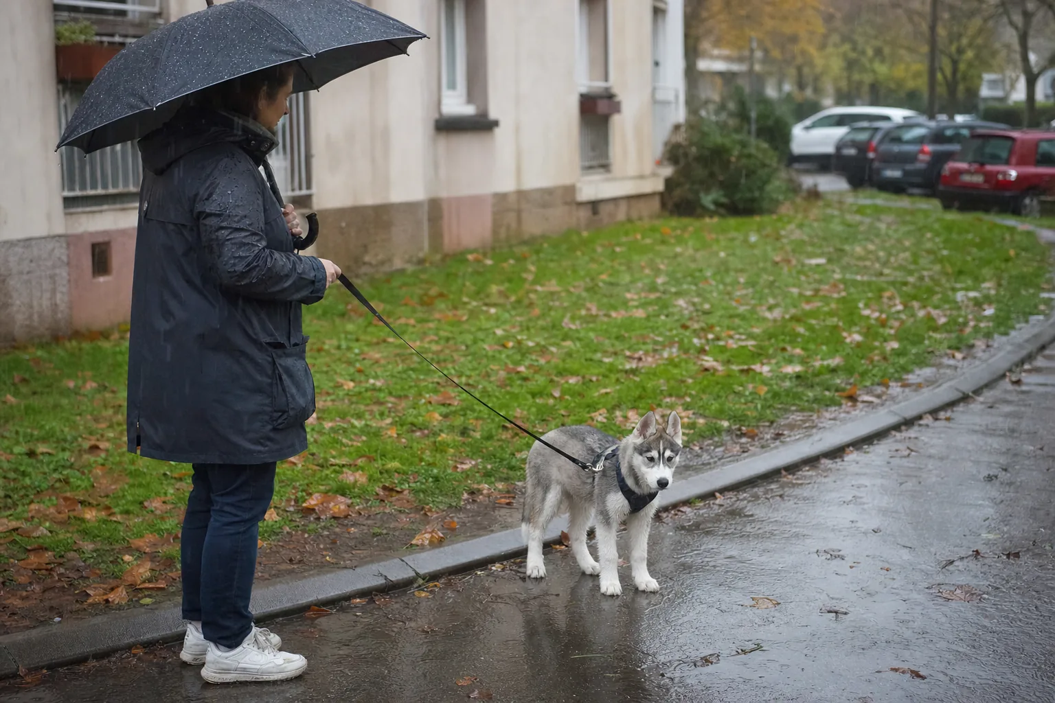 Sous une pluie fine, au pied d’un immeuble, une femme en imperméable tient un parapluie et la laisse d’un chiot husky sibérien gris et blanc qui reste planté sur le trottoir mouillé, devant une pelouse couverte de feuilles mortes.