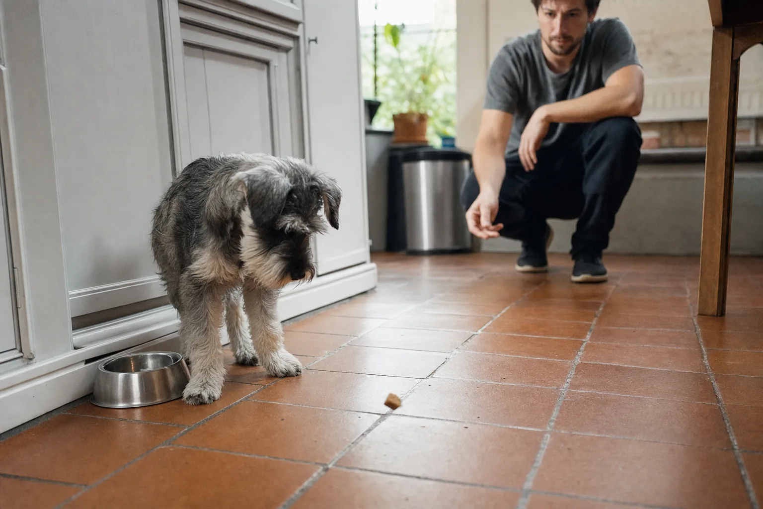 Dans une cuisine au carrelage de terre cuite, un chiot schnauzer nain poivre et sel se tient près de sa gamelle en inox et suit des yeux le morceau de friandise qu’un homme accroupi à distance vient de lancer sur le sol.