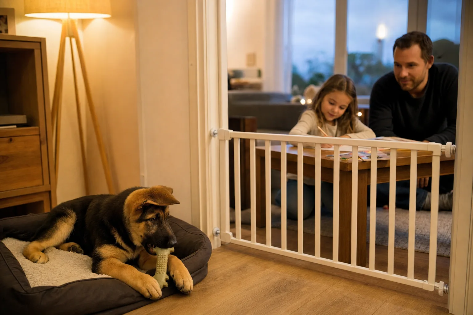 Le soir, dans le séjour d’une maison, un chiot berger allemand couché dans son panier ronge un os à mâcher en caoutchouc derrière une barrière d’enfant blanche ; de l’autre côté, une fillette dessine à une table basse sous le regard de son père.