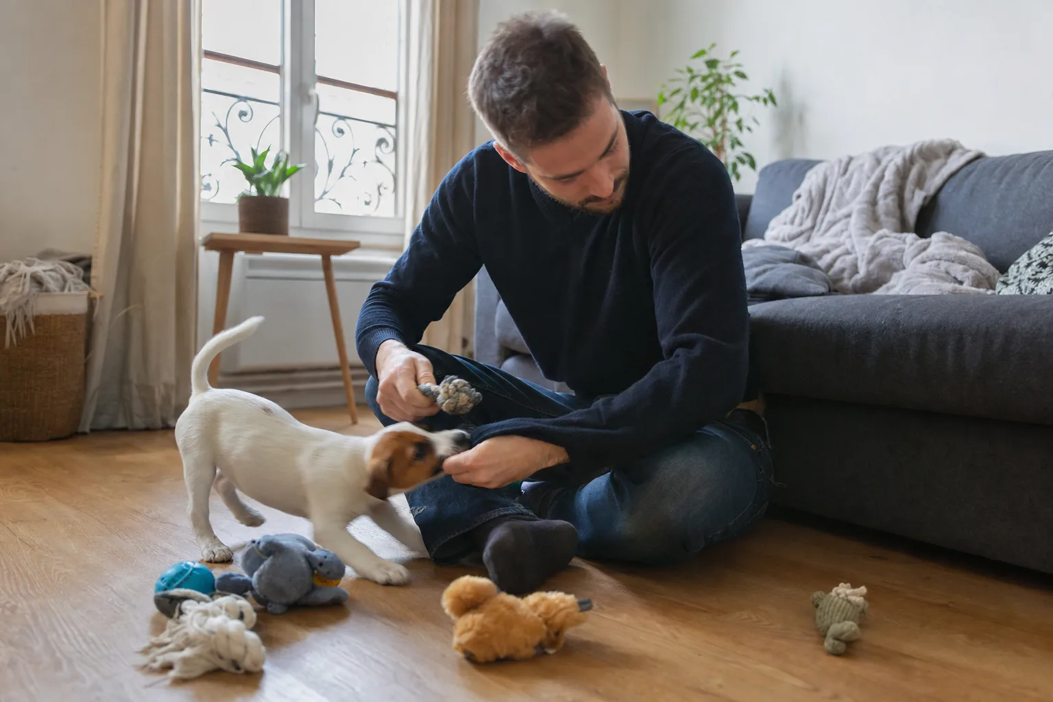 Assis sur le parquet d’un salon, dos au canapé, un homme en pull marine dégage doucement sa manche qu’un chiot jack russell blanc et fauve tient entre ses dents, et lui présente de l’autre main une corde à nœuds, au milieu de jouets éparpillés.