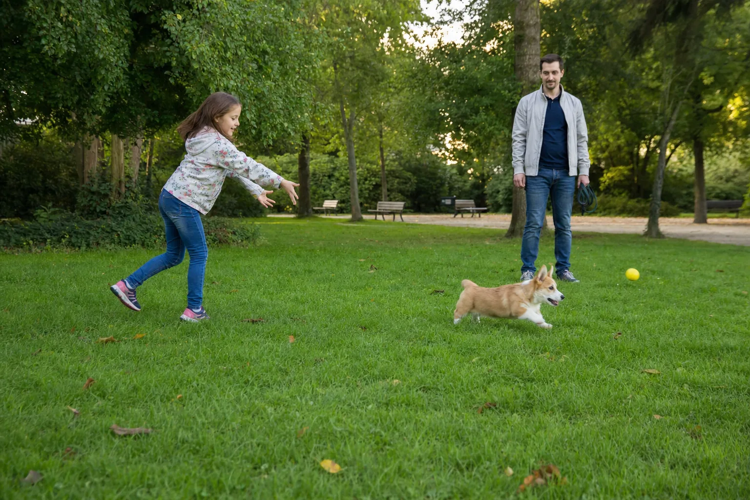 Sur la pelouse d’un jardin public, une fillette vient de lancer une balle jaune et un chiot welsh corgi pembroke court après, sous le regard de son père qui tient la laisse enroulée, des bancs et une allée de gravier au fond.