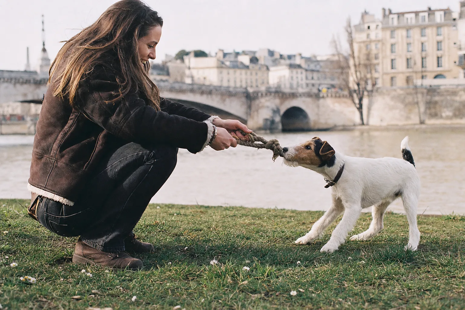 Sur la berge herbeuse d’un fleuve en ville, une jeune femme accroupie en blouson joue à tirer sur une corde avec un jeune fox terrier blanc à tête fauve et noire, un pont de pierre et des façades anciennes au fond.