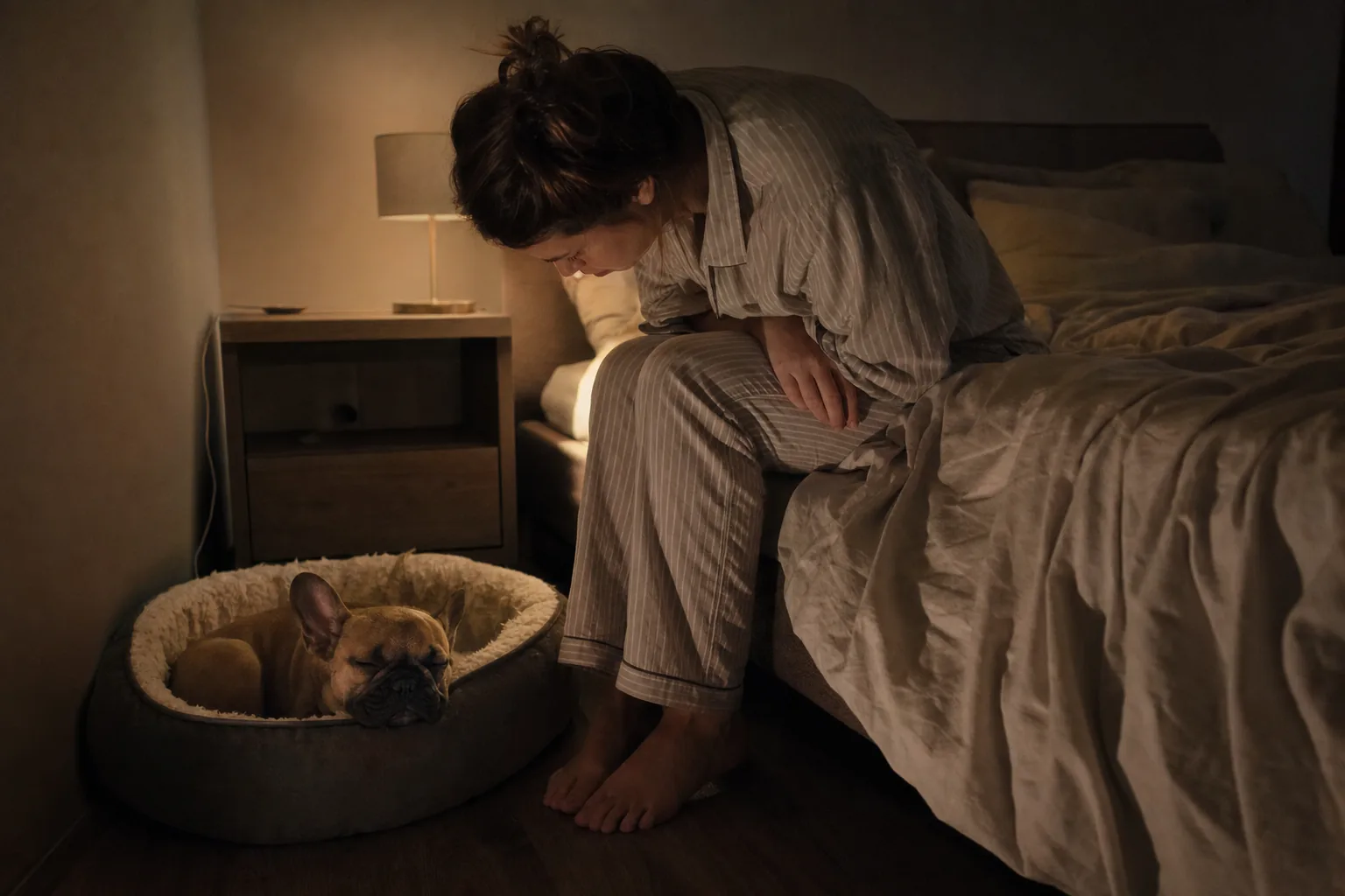 La nuit, dans une chambre éclairée par une lampe de chevet, une femme en pyjama assise au bord du lit se penche vers un chiot bouledogue français fauve endormi dans un panier rond, pour écouter sa respiration.