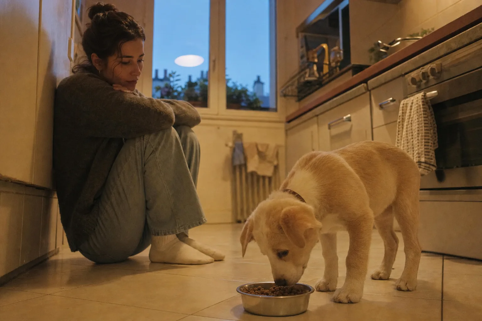 Le soir, dans une cuisine d’appartement, une jeune femme assise par terre contre un placard, les bras sur les genoux, regarde un chiot croisé beige et blanc qui a le nez dans une gamelle en inox encore pleine de croquettes.