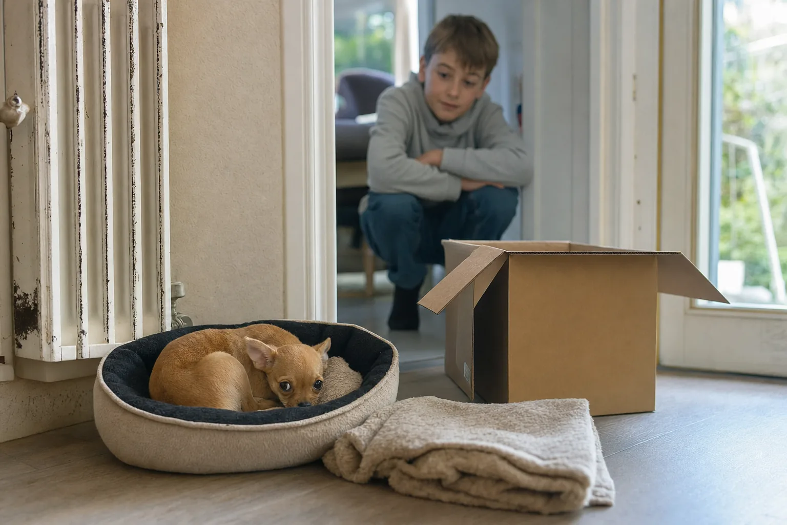 Dans un salon, un chiot chihuahua fauve est roulé en boule dans son panier près d’un vieux radiateur, à côté d’un carton ouvert et d’une couverture pliée, pendant qu’un garçon accroupi dans l’encadrement de la porte l’observe de loin.