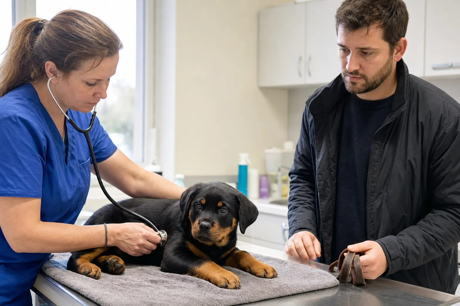 Dans un cabinet vétérinaire, une vétérinaire en blouse bleue ausculte au stéthoscope un chiot rottweiler couché sur une serviette, sous le regard inquiet de son maître qui tient la laisse enroulée dans la main.