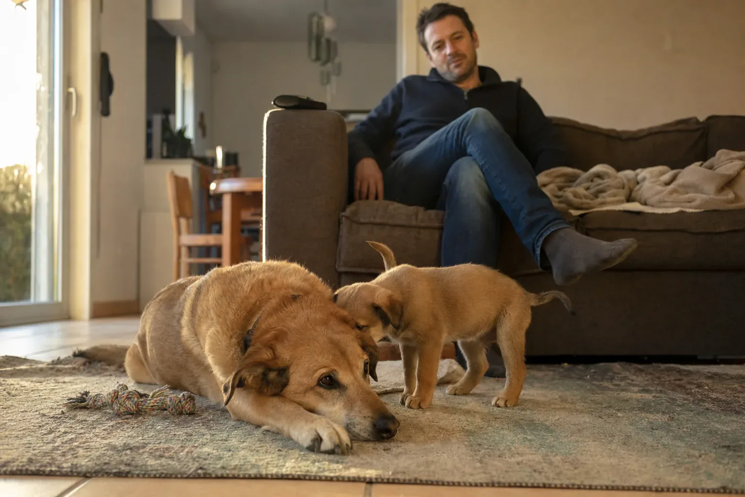 Chien croisé adulte au poil fauve couché sur le tapis d’un séjour, un chiot de deux mois debout à côté de lui, un homme assis sur le canapé en arrière-plan