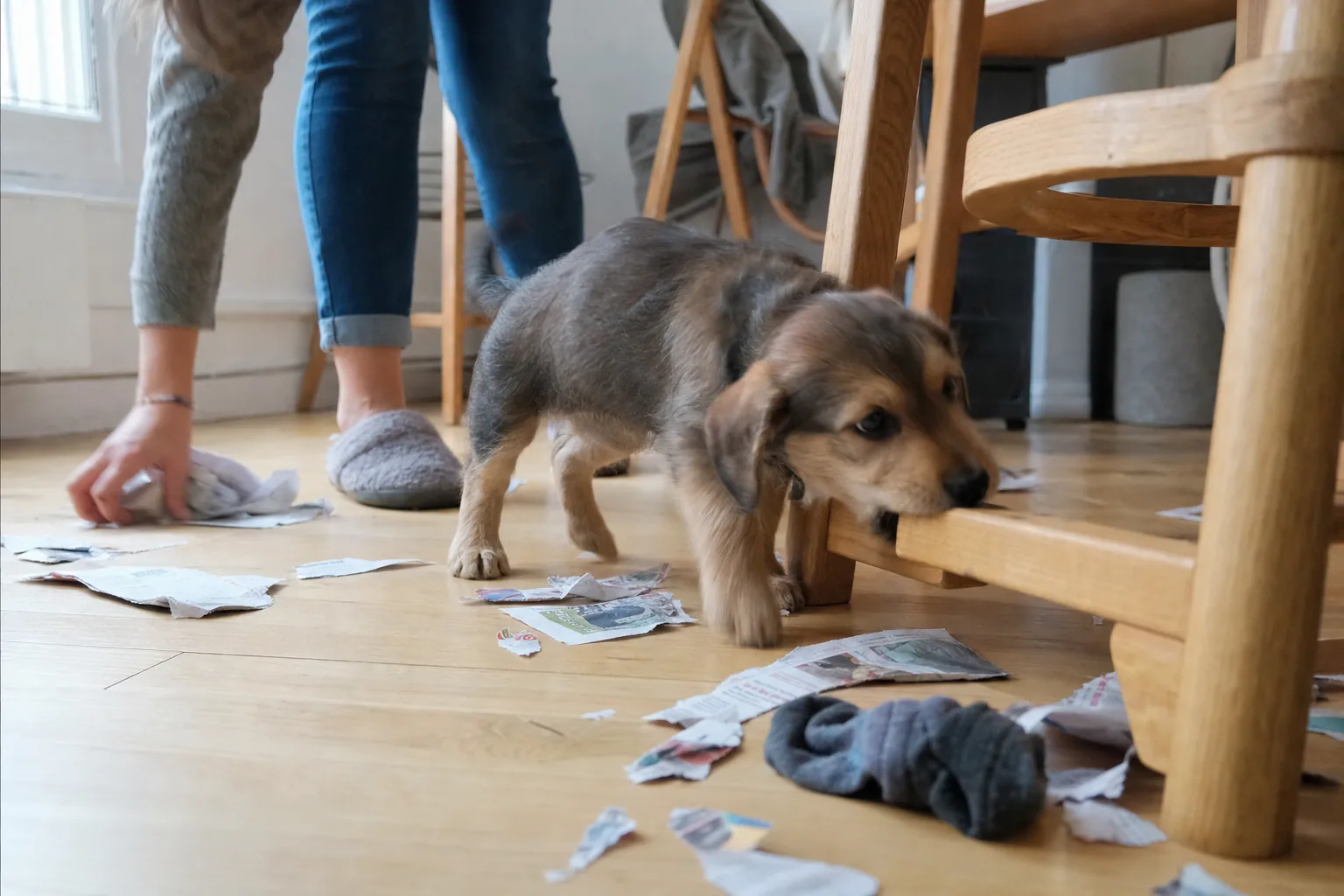 Chiot croisé de deux mois en train de mordiller le pied d’une chaise en bois, journaux déchirés et chaussette sur le parquet, une femme se penche pour ramasser
