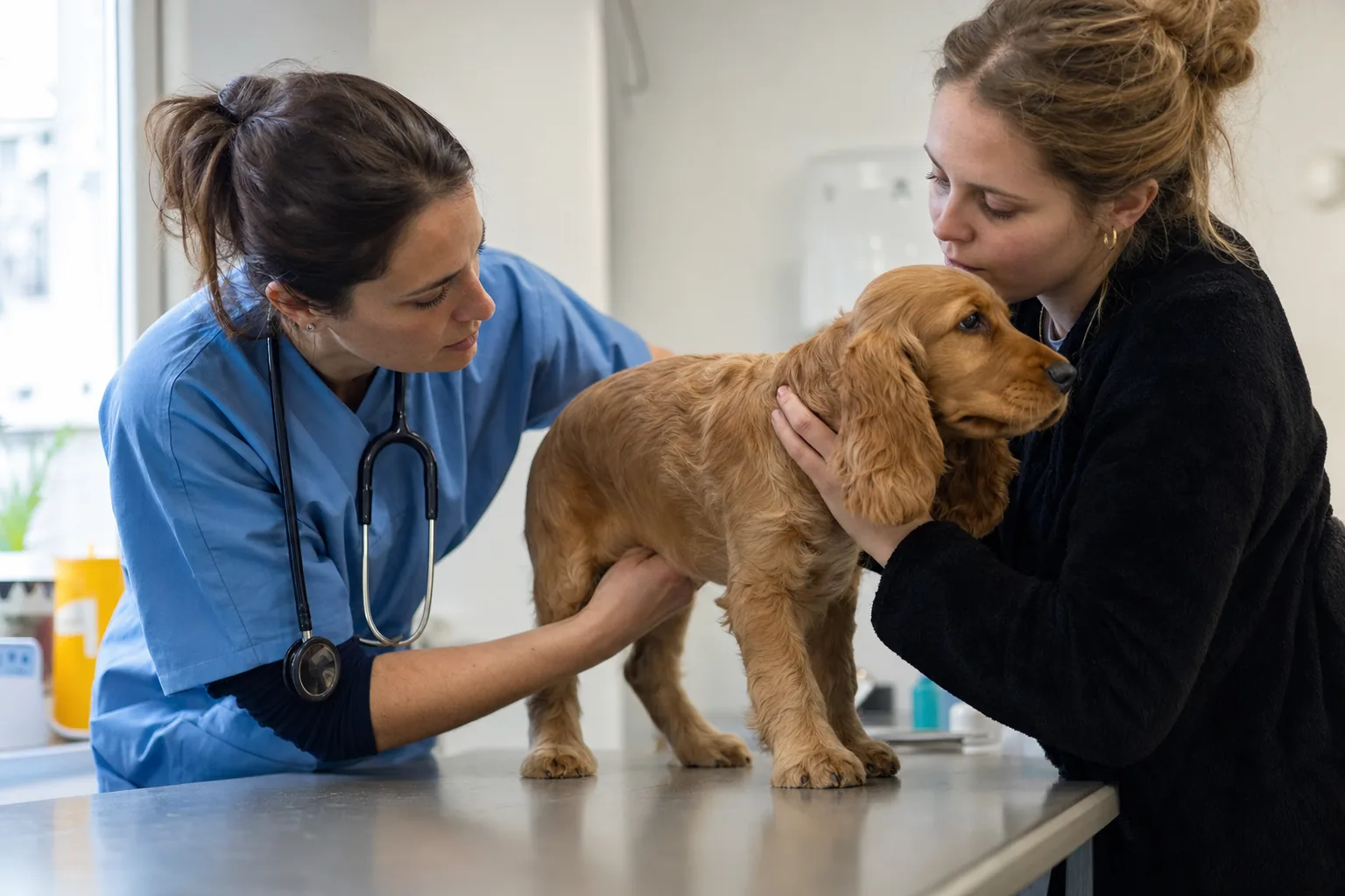 Dans un cabinet vétérinaire, une vétérinaire en blouse bleue palpe le flanc d’un chiot cocker anglais roux debout sur la table d’examen, pendant que sa maîtresse le tient contre elle et pose les lèvres sur sa tête.