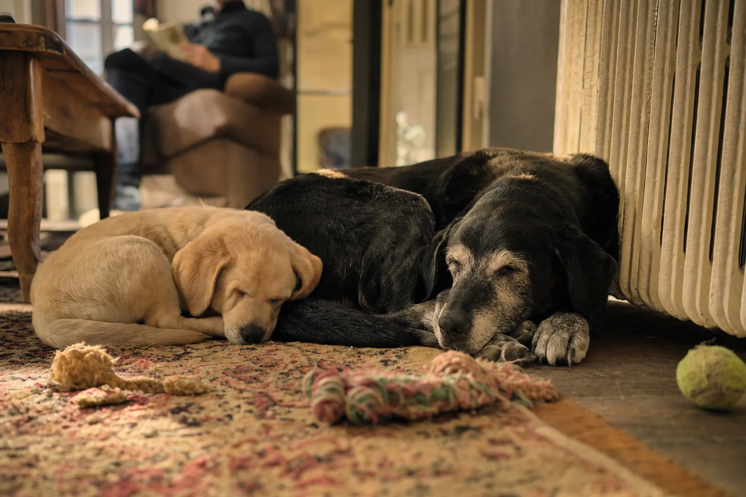 Sur un vieux tapis de salon, contre un radiateur en fonte, un chiot labrador sable dort blotti contre un vieux chien noir au museau gris, des jouets de corde autour, une personne qui lit dans un fauteuil au fond.