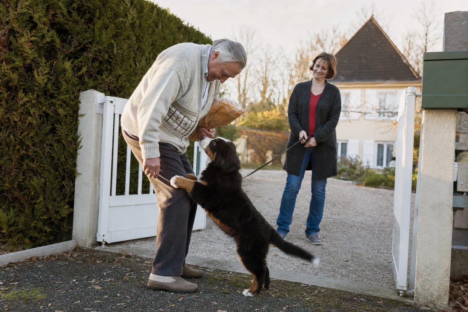 Devant le portail blanc d’un pavillon, un chiot bouvier bernois tricolore se dresse sur ses pattes arrière contre les jambes d’un grand-père en gilet de laine qui tient une baguette, pendant qu’une femme sourit en tenant la laisse dans l’allée en gravier.