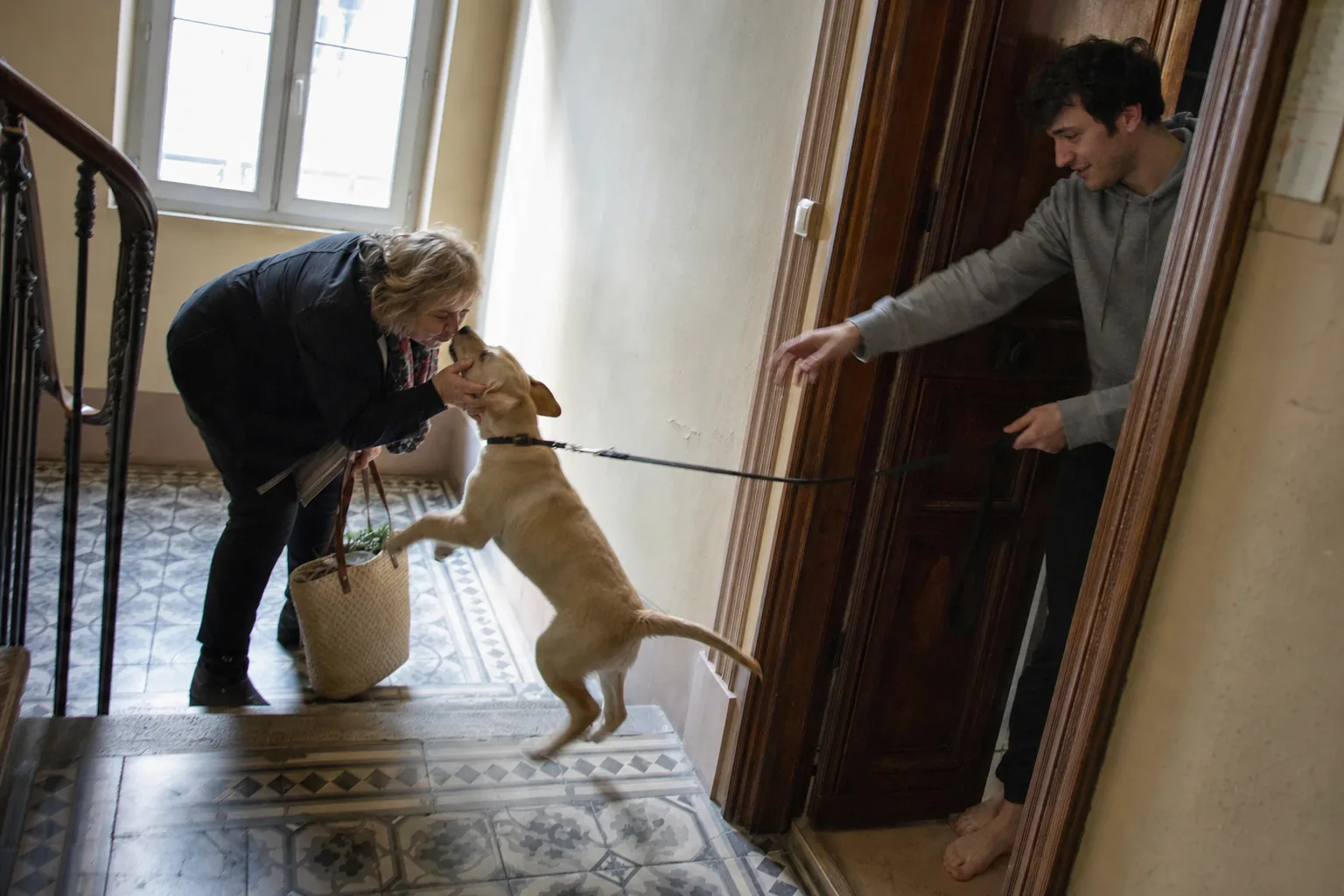 Sur le palier carrelé d’un immeuble ancien, un chiot labrador sable bondit vers le visage d’une voisine penchée, son cabas à la main, pendant qu’un jeune homme pieds nus sur le seuil tient la laisse et tend le bras pour le retenir.