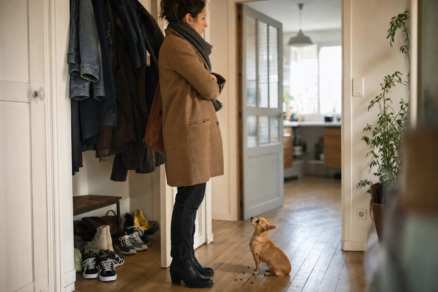 Dans l’entrée d’un appartement, une femme en manteau se tient de profil, bras croisés, pendant qu’un chiot chihuahua fauve assis sur le parquet lève la tête vers elle, près de quelques croquettes tombées au sol.