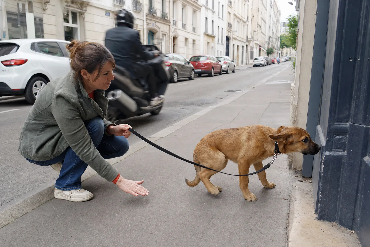 Chiot croisé fauve qui recule vers une porte d’immeuble au passage d’un scooter, sa maîtresse accroupie près de lui, main tendue