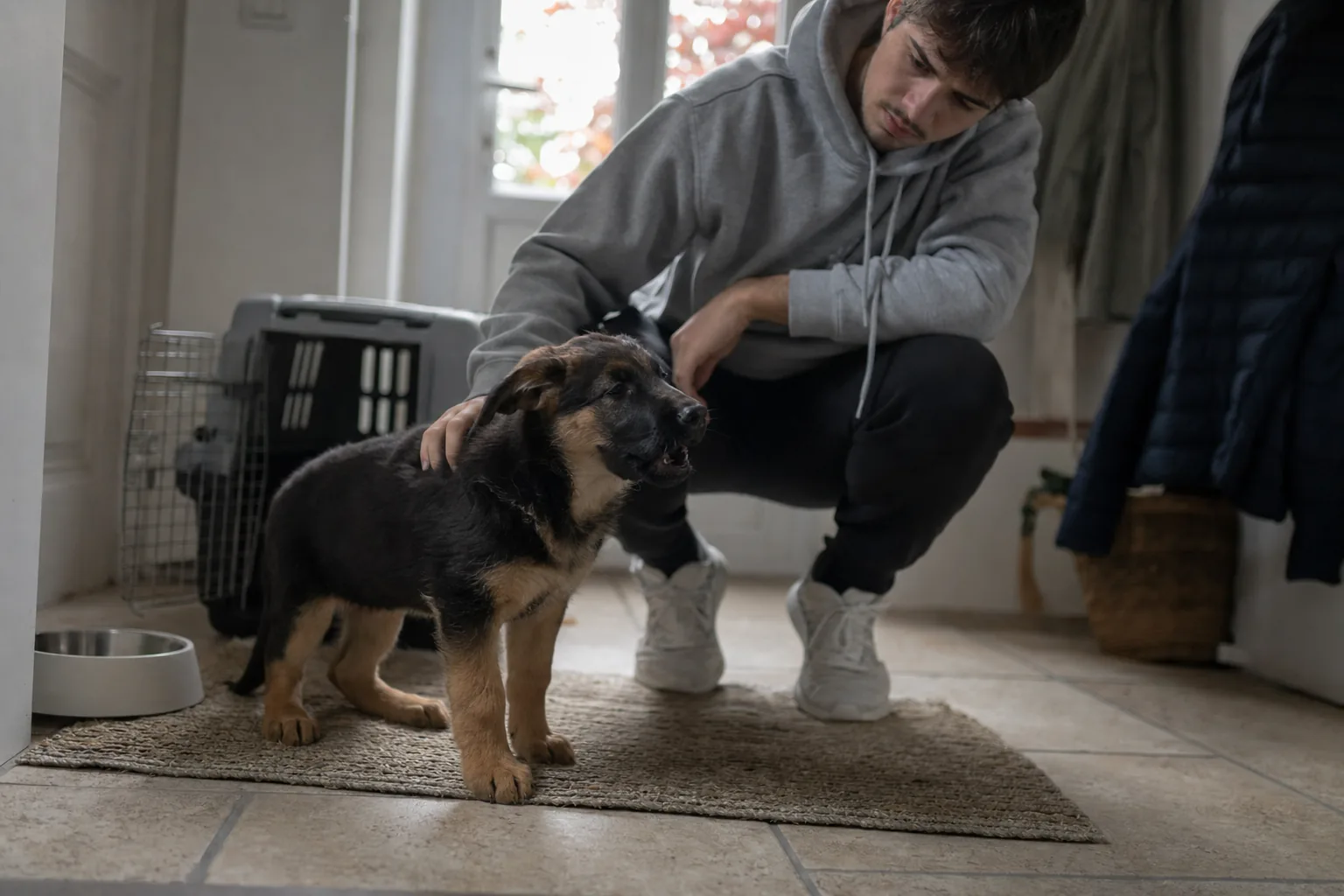 Dans l’entrée d’un appartement, un chiot berger allemand noir et feu aux oreilles encore molles, debout sur un tapis, tend le cou gueule entrouverte comme pendant une quinte de toux, sous le regard attentif d’un jeune homme en sweat gris accroupi qui pose une main sur son dos, une caisse de transport derrière eux.