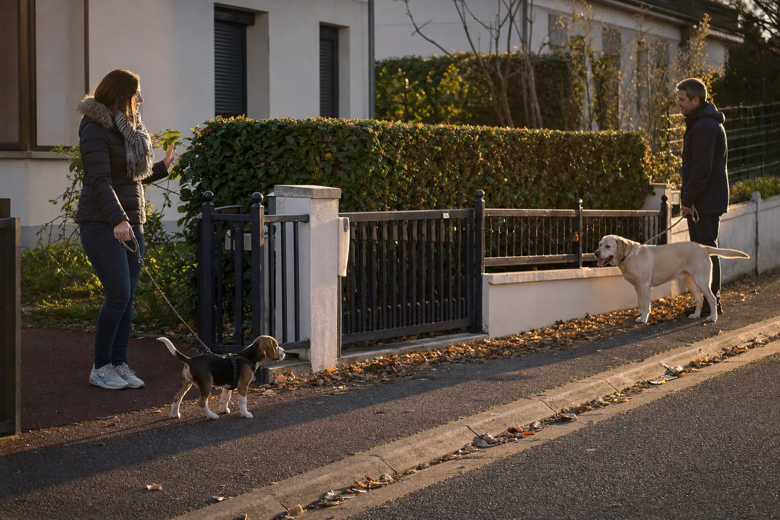En fin d’après-midi, devant un pavillon, une femme en doudoune tient en laisse courte un chiot beagle sur l’allée et salue de la main un voisin qui passe sur le trottoir avec son labrador sable, de l’autre côté du portail.